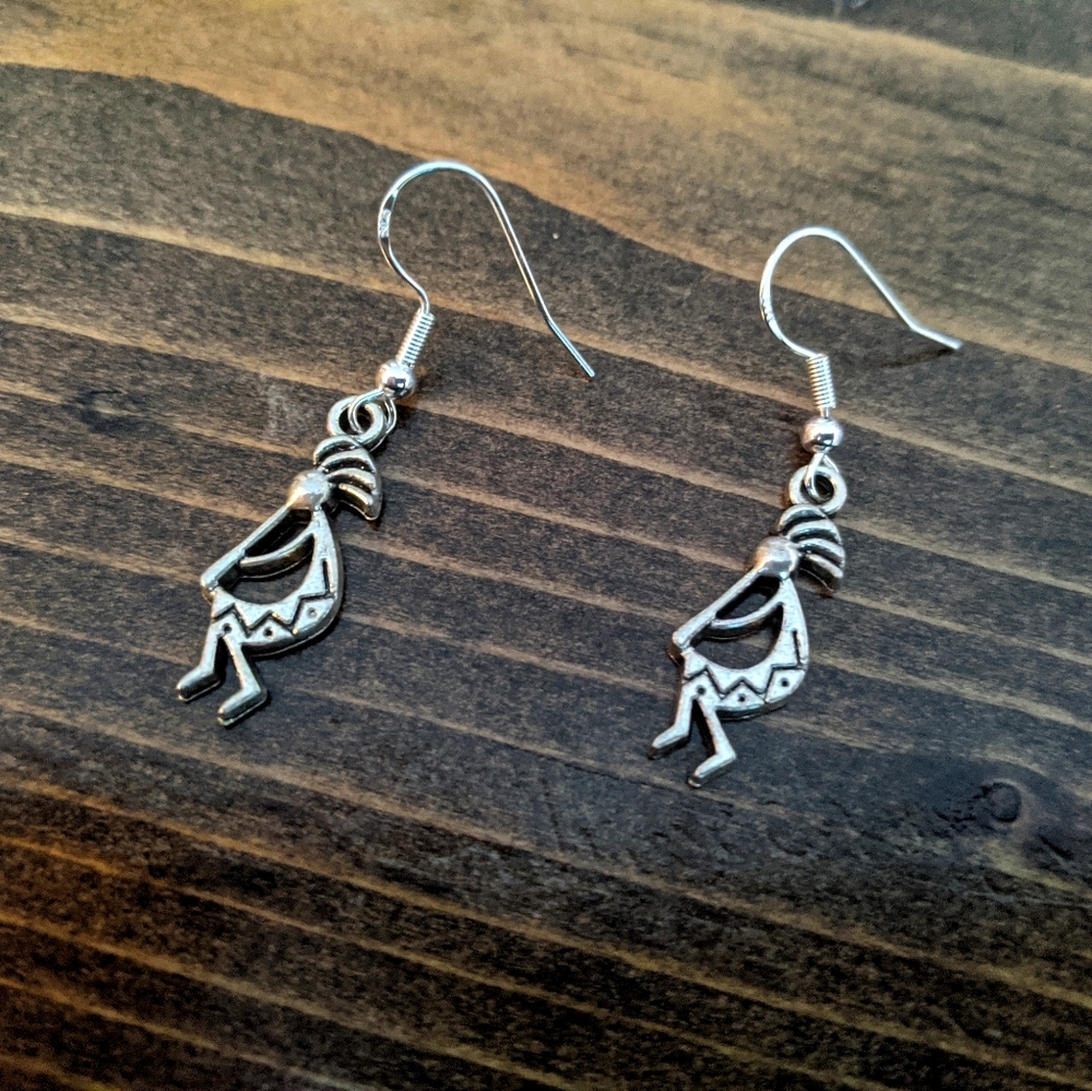 Kokopelli playing Flute Sterling silver earrings